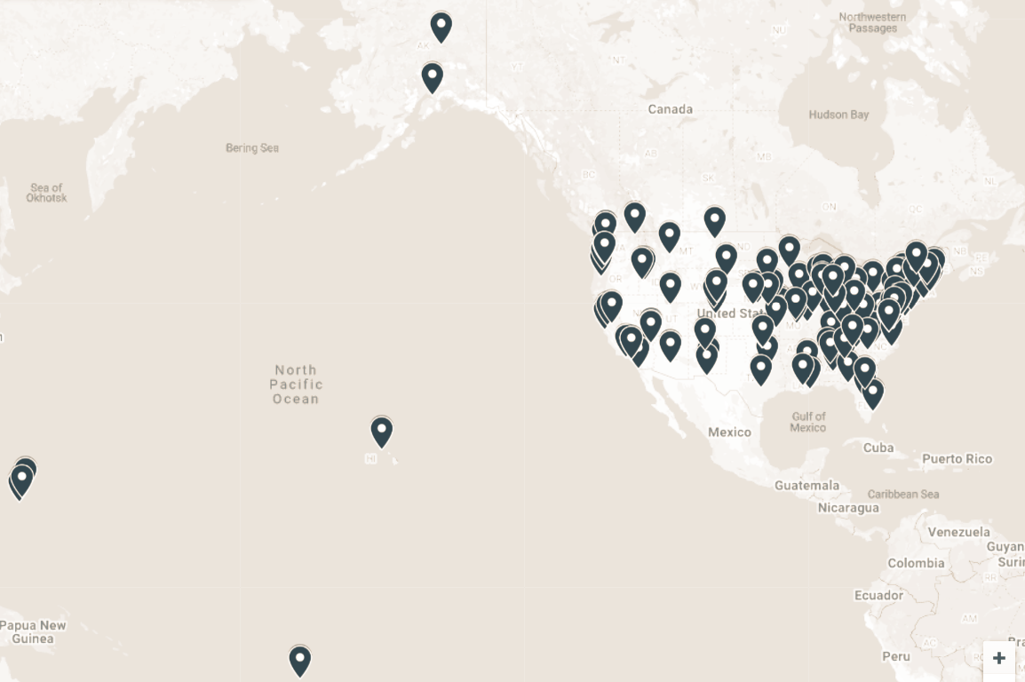duotone map Map of pins with PRA activity. Spans 48 states and 5 territories.