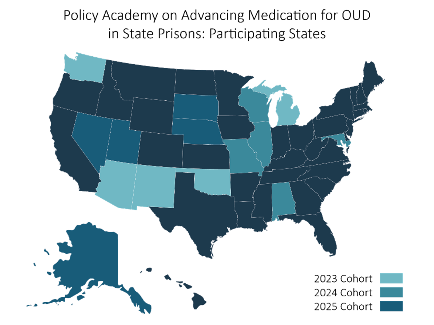 U.S. map showing states participating in the Advancing Medications for Opioid Use Disorder in State Prisons Policy Academy. States are shaded in three colors to indicate participation by year: light teal for 2023, medium teal for 2022, and dark teal for 2021. 2023 states include Arizona, Michigan, Oklahoma, Virginia, and Washington. 2022 states include Alaska, Colorado, Missouri, Nebraska, North Carolina, and West Virginia. All other shaded states represent 2021 participation.
