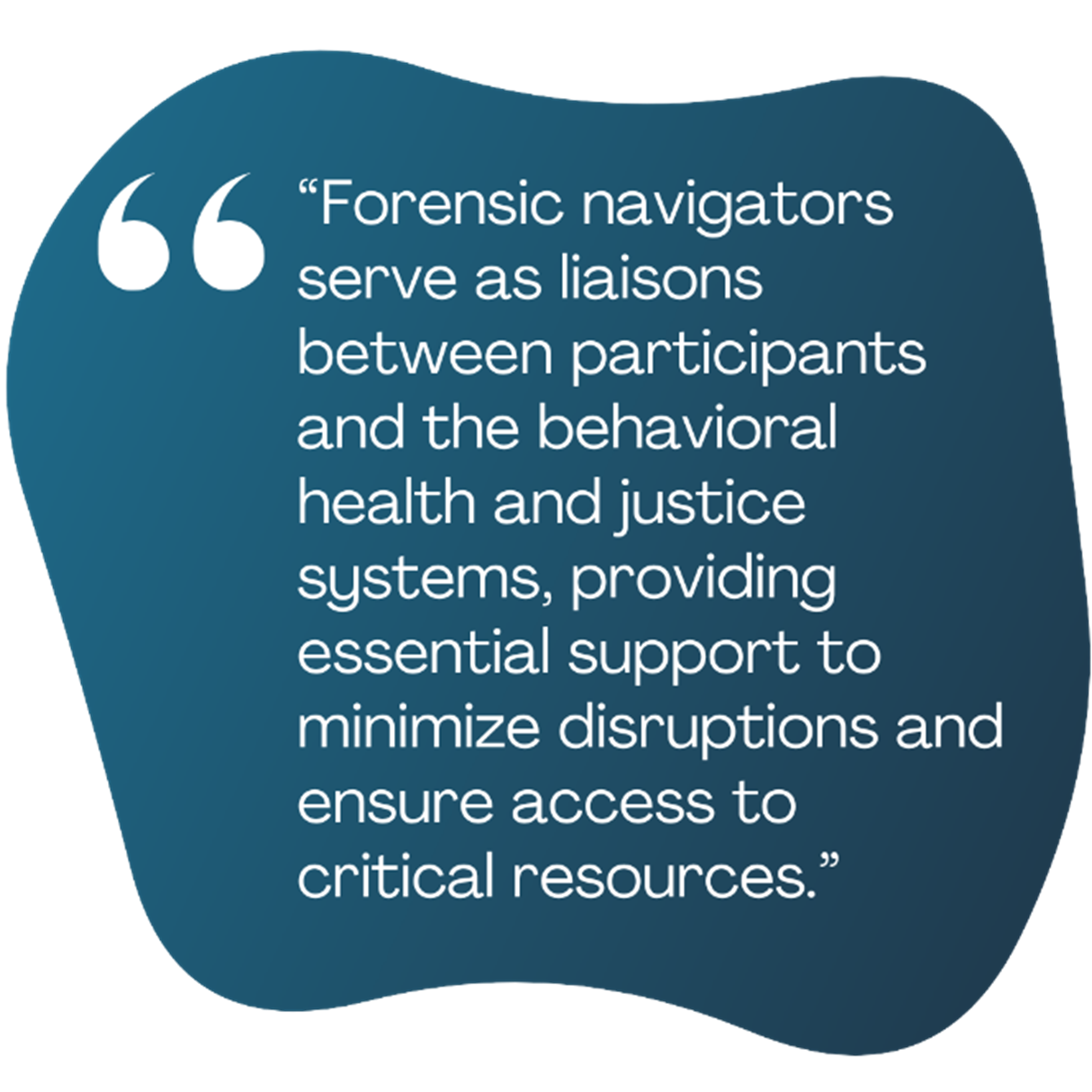 Quote: “Forensic navigators serve as liaisons between participants and the behavioral health and justice systems, providing support to minimize disruptions and ensure access to critical resources.”