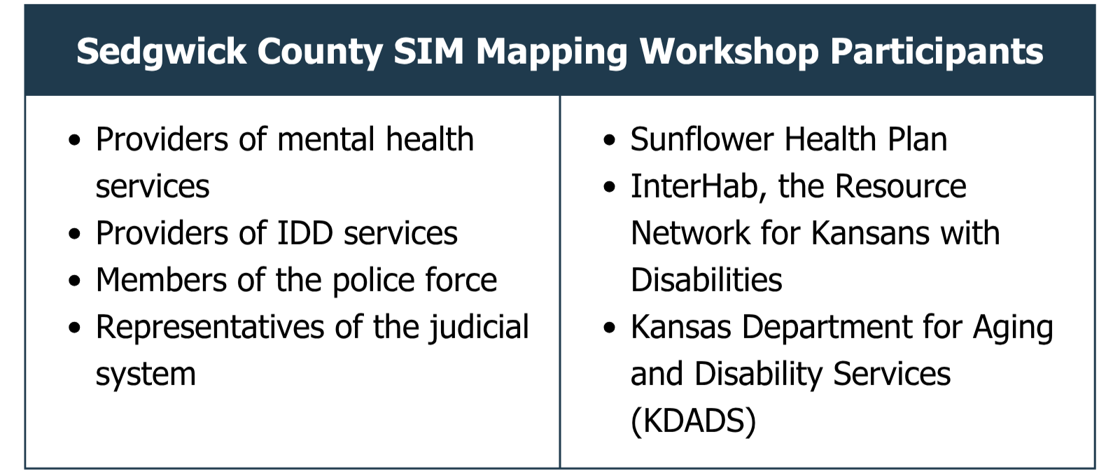 Sedgwick County SIM Mapping Workshop participants included providers of mental health services and intellectual/developmental disability (IDD) services, members of the police force, representatives of the judicial system, Sunflower Health Plan, InterHab (the Resource Network for Kansans with Disabilities), and the Kansas Department for Aging and Disability Services (KDADS).